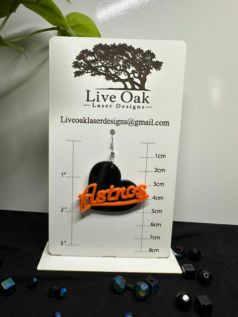 Astros Heart Baseball Black & Orange Acrylic Laser Engraved Dangle Earrings