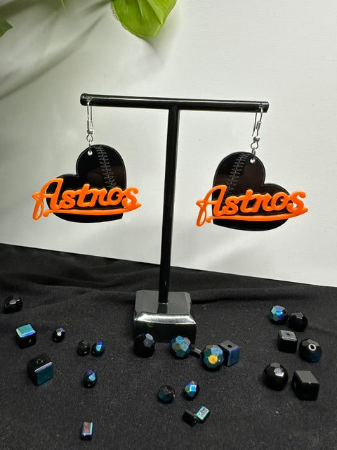 Astros Heart Baseball Black & Orange Acrylic Laser Engraved Dangle Earrings