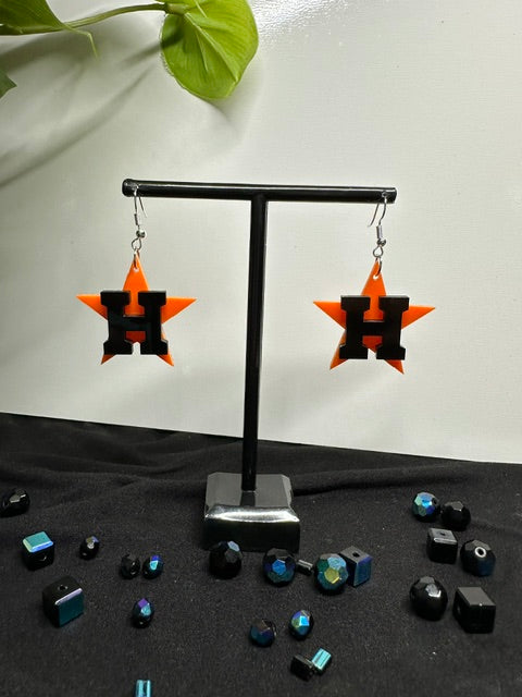 Astros Star and H Earrings Black & Orange Acrylic Laser Engraved Dangle Earrings