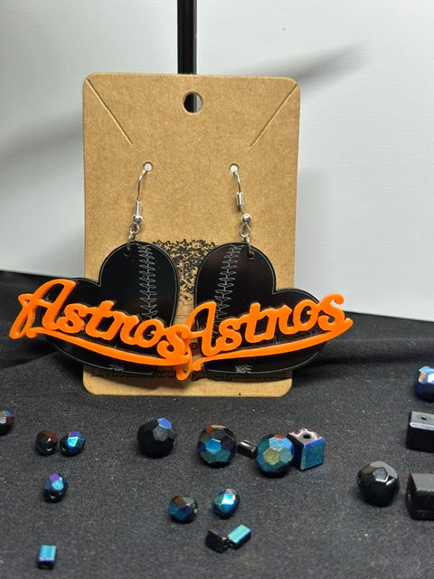 Astros Heart Baseball Black & Orange Acrylic Laser Engraved Dangle Earrings