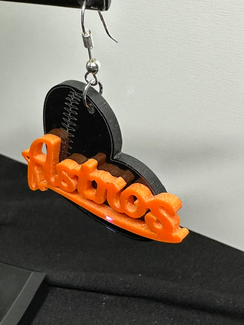 Astros Heart Baseball Black & Orange Acrylic Laser Engraved Dangle Earrings