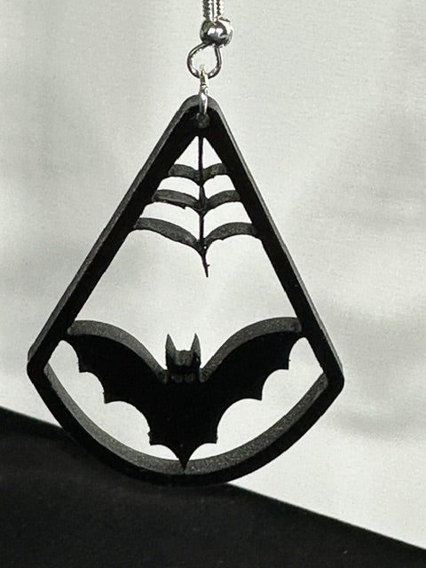 Bat and Spiderweb Halloween Black Acrylic Laser Engraved Dangle Earrings