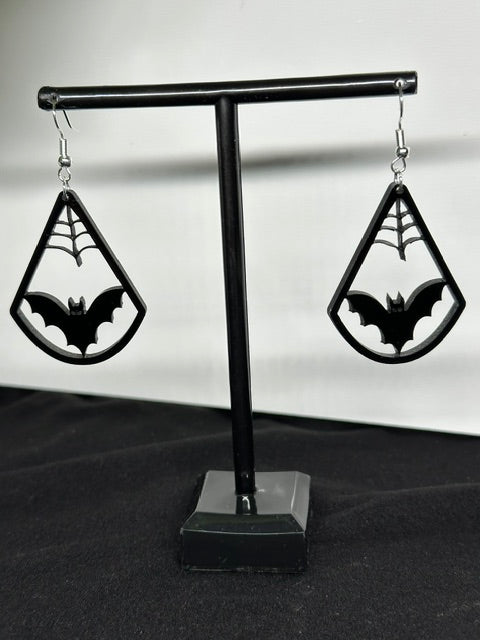 Bat and Spiderweb Halloween Black Acrylic Laser Engraved Dangle Earrings