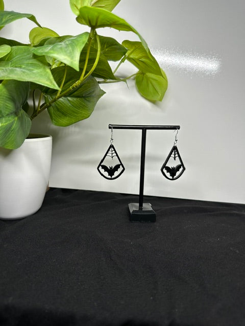Bat and Spiderweb Halloween Black Acrylic Laser Engraved Dangle Earrings