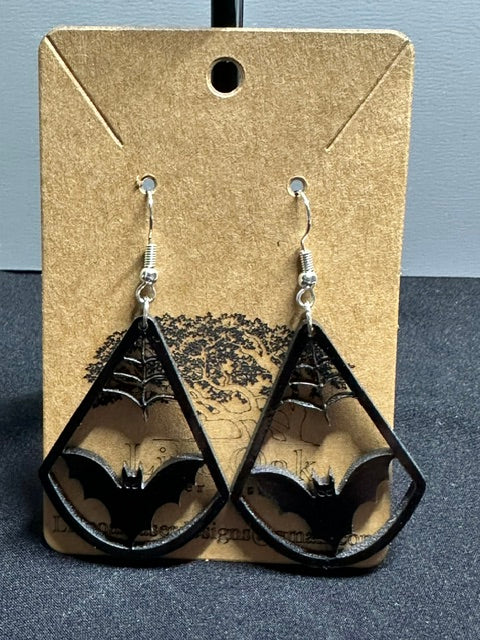 Bat and Spiderweb Halloween Black Acrylic Laser Engraved Dangle Earrings