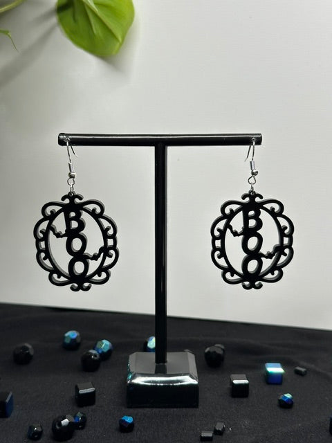 BOO Filagree Halloween Black Acrylic Laser Engraved Dangle Earrings