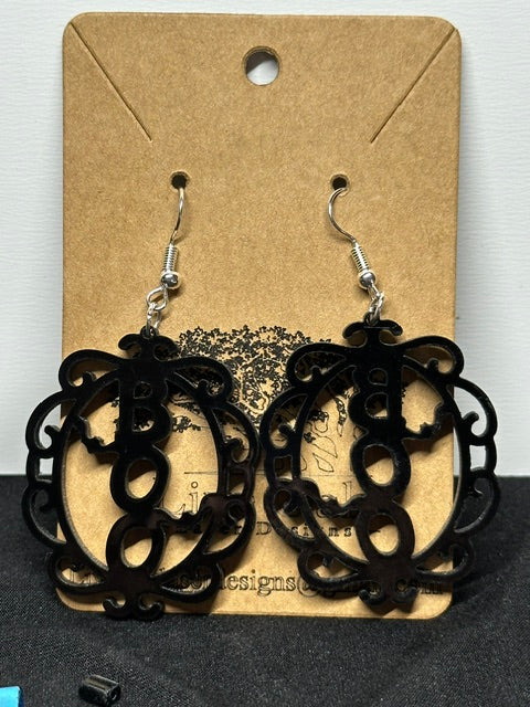 BOO Filagree Halloween Black Acrylic Laser Engraved Dangle Earrings
